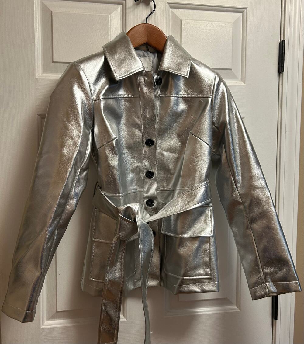 Avec Les Filles Metallic Silver Faux Leather Belted Moto Trench Jacket, Size S